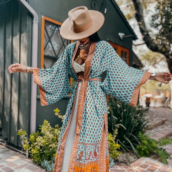 Boho Paisley Bohemian Romantic Turquoise Kimono - Picture 3 of 10